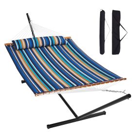 VEVOR Two Person Hammock with Stand Included Heavy Duty 480lb Capacity, Double Hammock with 12 FT Steel Stand and Portable Carrying Bag and Pillow (Color: Blue-Green Color Scheme, Type of Support: T Type)