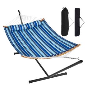 VEVOR Two Person Hammock with Stand Included, Double Hammock with Curved Spreader Bar and Detachable Pillow and Portable Carrying Bag (Color: Blue & White, Type of Support: T Type)