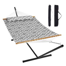 VEVOR Two Person Hammock with Stand Included Heavy Duty 480lb Capacity, Double Hammock with 12 FT Steel Stand and Portable Carrying Bag and Pillow (Color: Grey White, Type of Support: T Type)