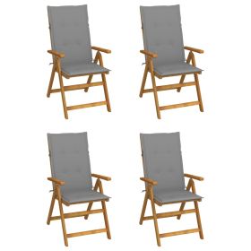 Patio Reclining Chairs 4 pcs with Cushions Solid Acacia Wood (Color: Gray)